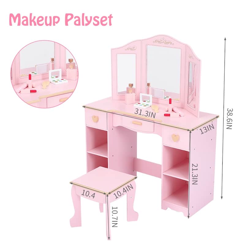 Vanity Table and Chair Set, Kids Makeup Dressing Table