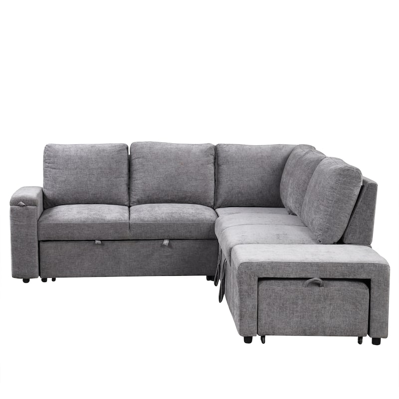 Grey 90.6'' L-Shaped 6-Seat Modular Sofa with Built-In Storage and USB Ports