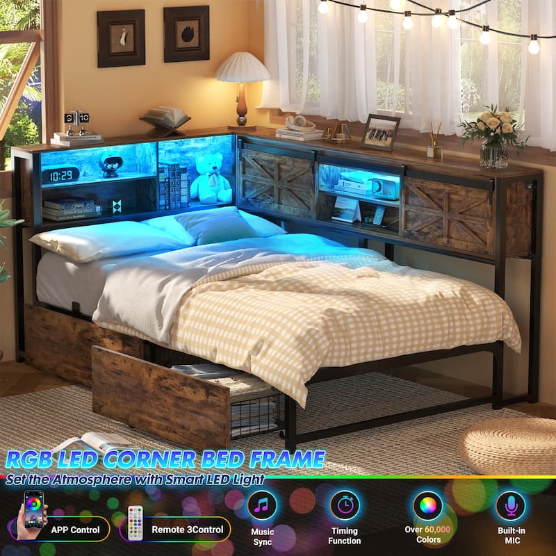 Corner Daybed with Drawers and Bookcase, Twin Bed Frame with LED Light and Charging Station