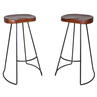 Set of 2 Chestnut Brown and Black Bar Stools with Curved Seat 31"