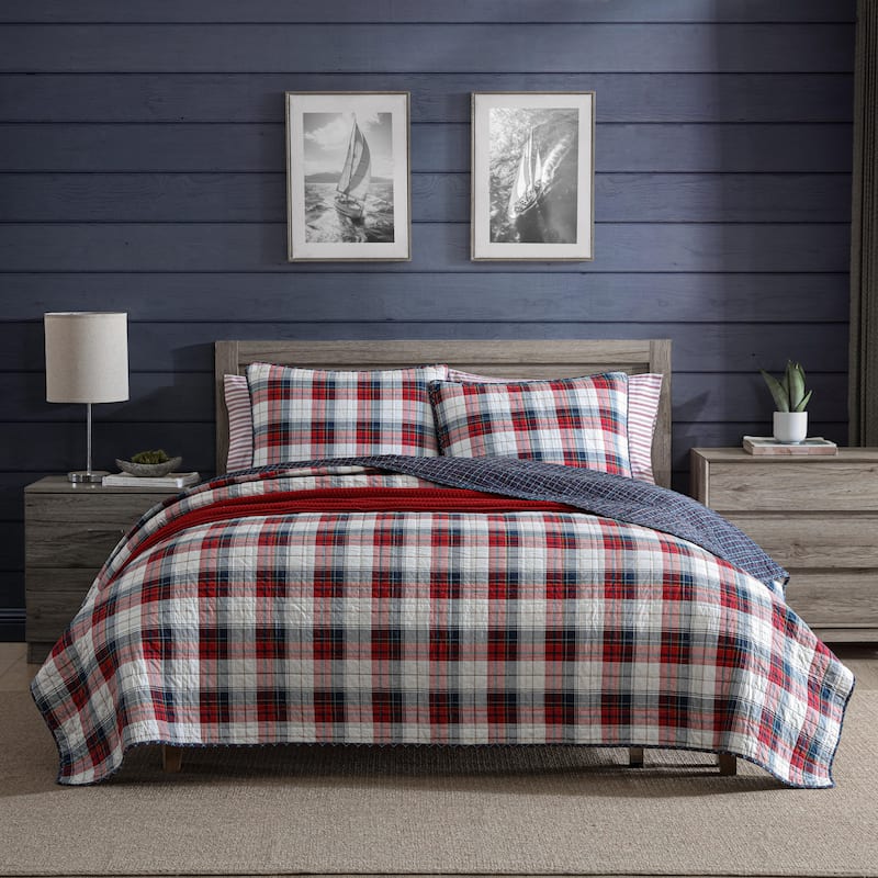 Nautica Rosedale Cotton Reversible Red Quilt Set