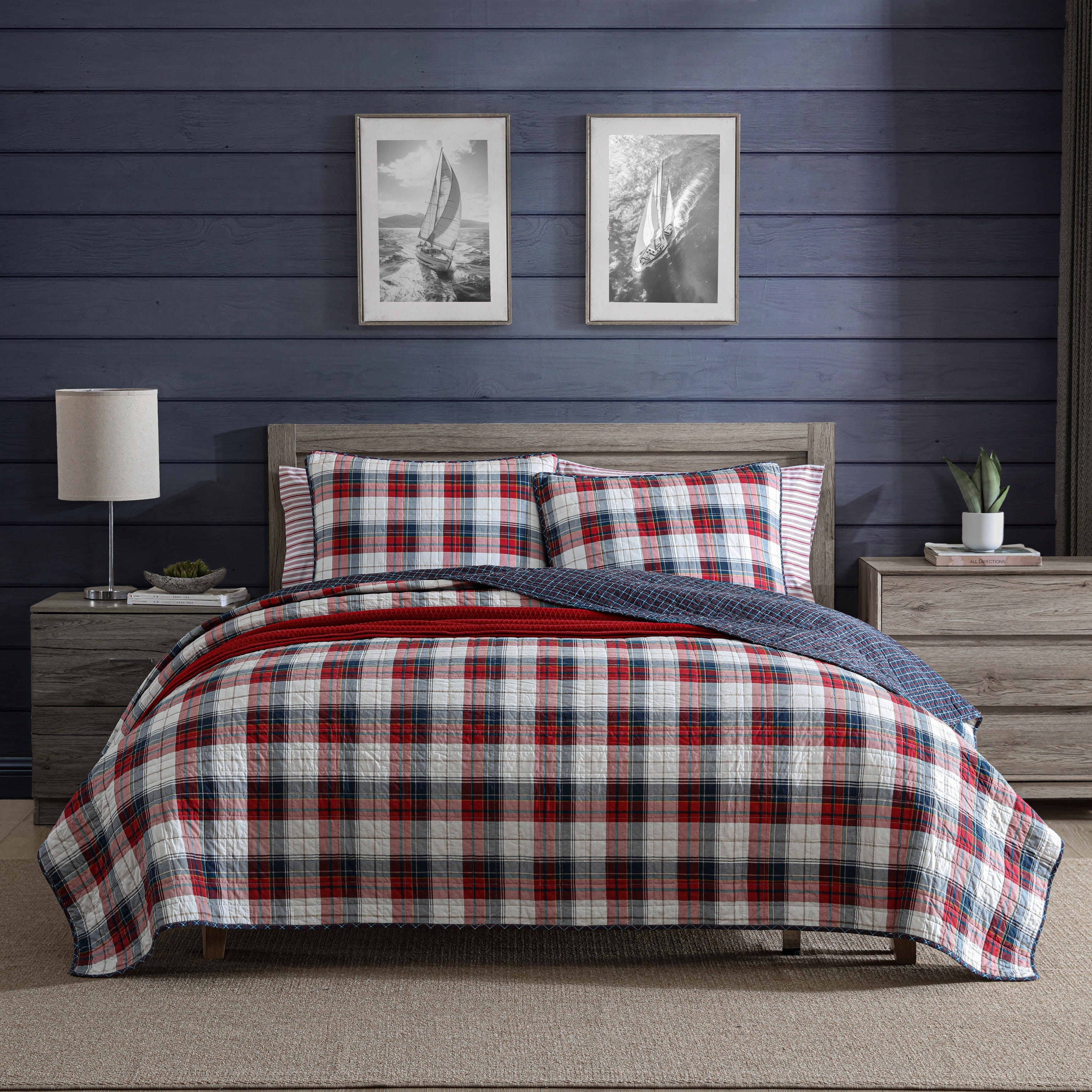 Nautica Rosedale With Red, Blue And Ivory Plaid Reversible Cotton Quilt (3 Piece Set)