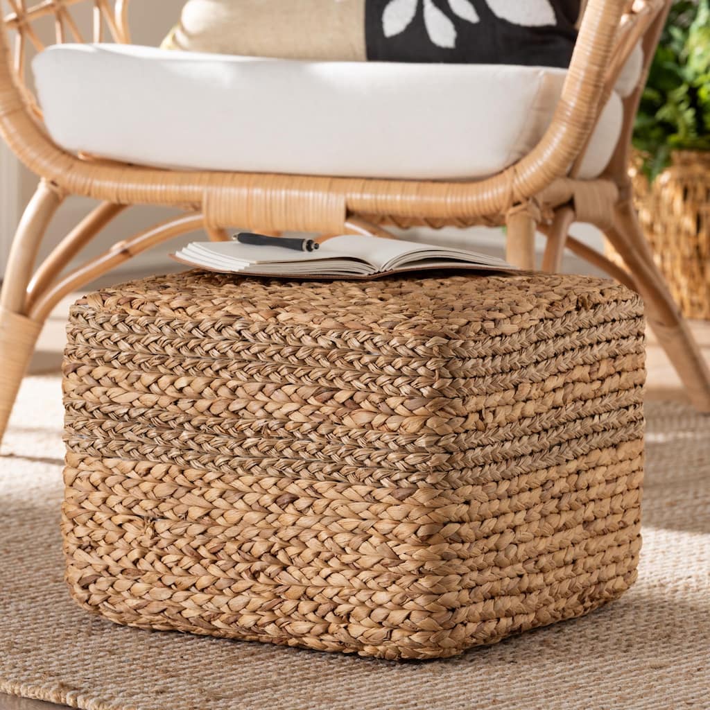 Marella Modern Bohemian Natural Brown Seagrass Accent Footstool
