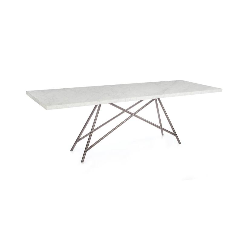 Levi 80 Inch Rectangular Carrara Marble Dining Table, Steel Legs, Chrome