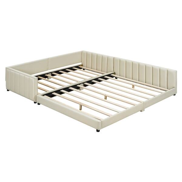 slide 2 of 15, Queen Size & Twin XL Size Upholstered Platform Bed, PU Leather Mother & Child Bed, Convertible for Two Separate Beds Beige - Queen