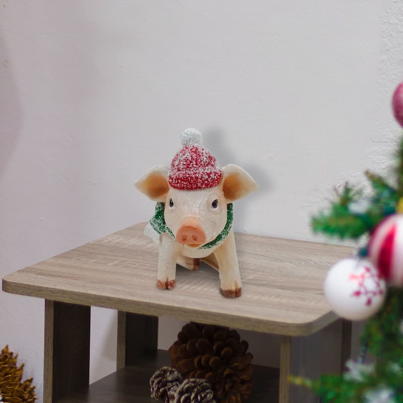 Pig Statue with Green Scarf and Snow Cap