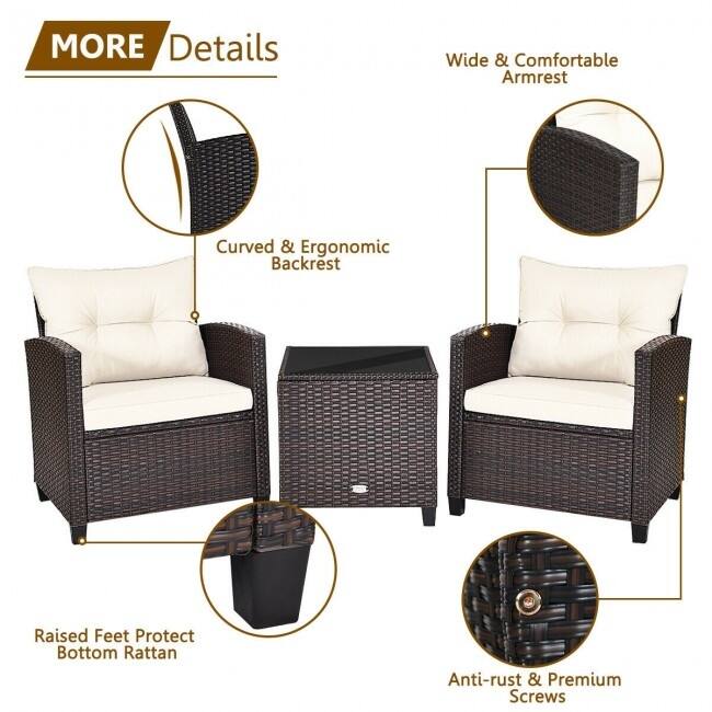 3 Pieces Rattan Patio Furniture Set with Washable Cushion - Chair: 26.5" x 26.5" x 30"