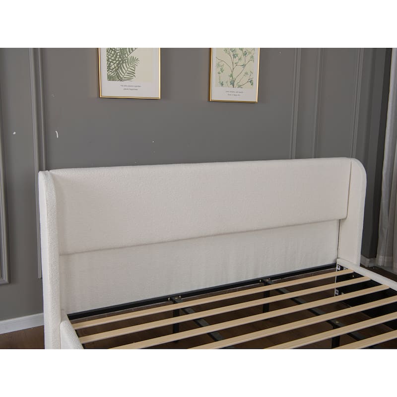 King/Queen Size Boucle Upholstered Cloud Bed Frame with Headboard, Solid Wood Legs - No Box Spring Needed