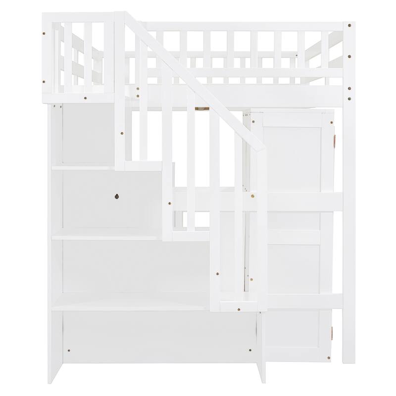 Multifunctional Full Size Loft Bed with Stairs, Bookshelf, Drawers, Desk & Wardrobe - White