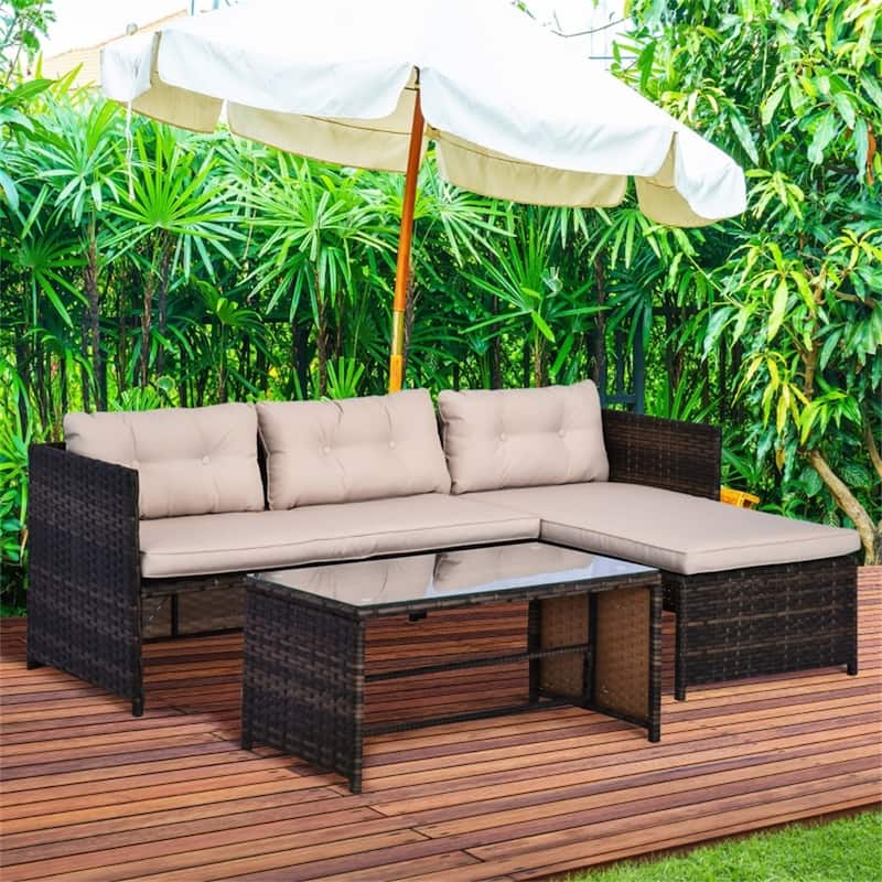 Outdoor Rattan Sectional Set with Chaise Lounge and Loveseat Sofa Coffee Table Patio Furniture with Cushions