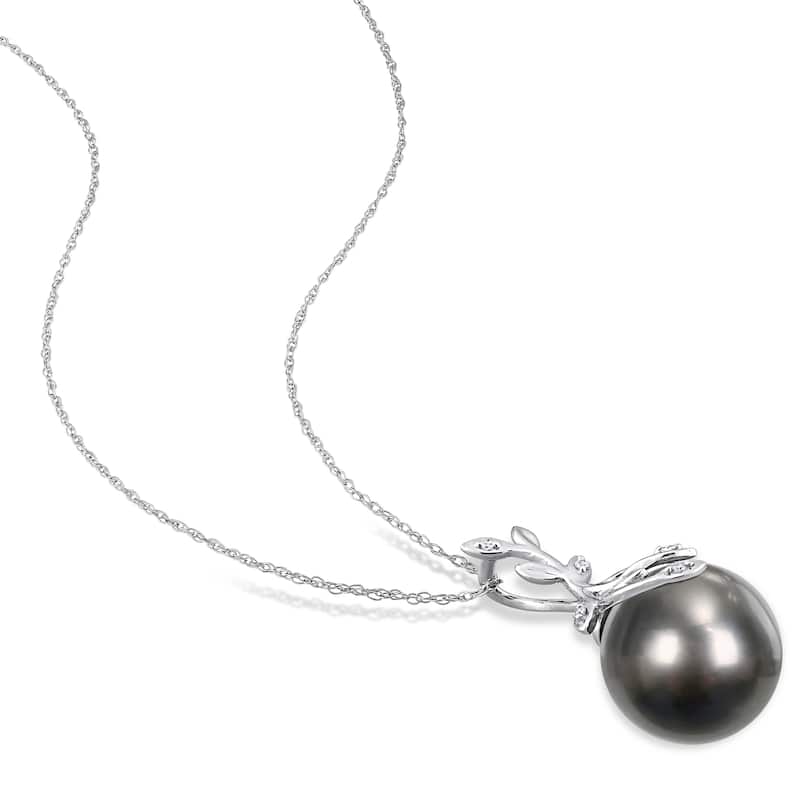 Miadora Black Tahitian Cultured Pearl & Diamond Accent Leaf Pendant in 14k White Gold (12-12.5mm)