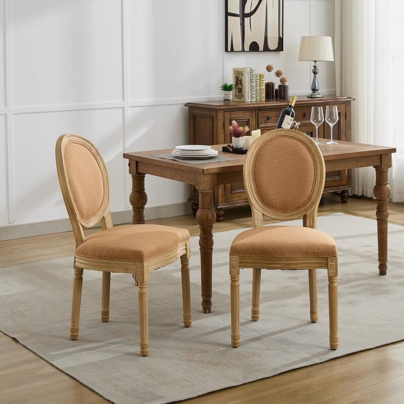 Kitchen Linen Dining Chair Set of 2, Wooden Frame Chair w/ Oval Backrest - Tan