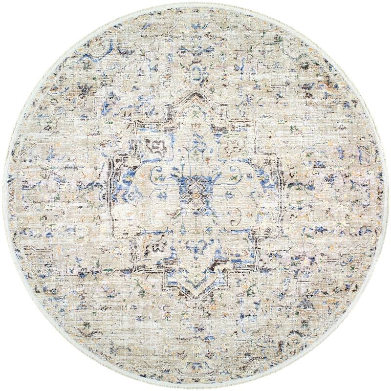 Livabliss Rivaldo Traditional Medallion Area Rug - Cream Blue - 7' Round