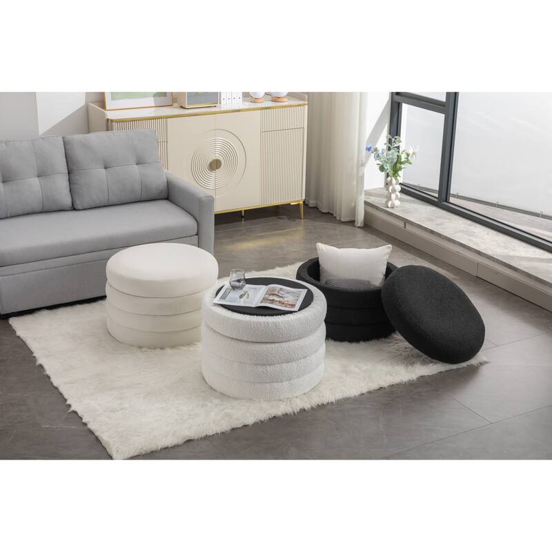 Round Storage Ottoman Footstool, Boucle Fabric Upholstered Vanity Stool, Small Ottomans Table with Removable Lid