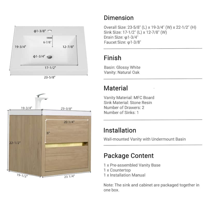 GDFStudio 24" Wall-Mounted Bathroom Vanity with Sink