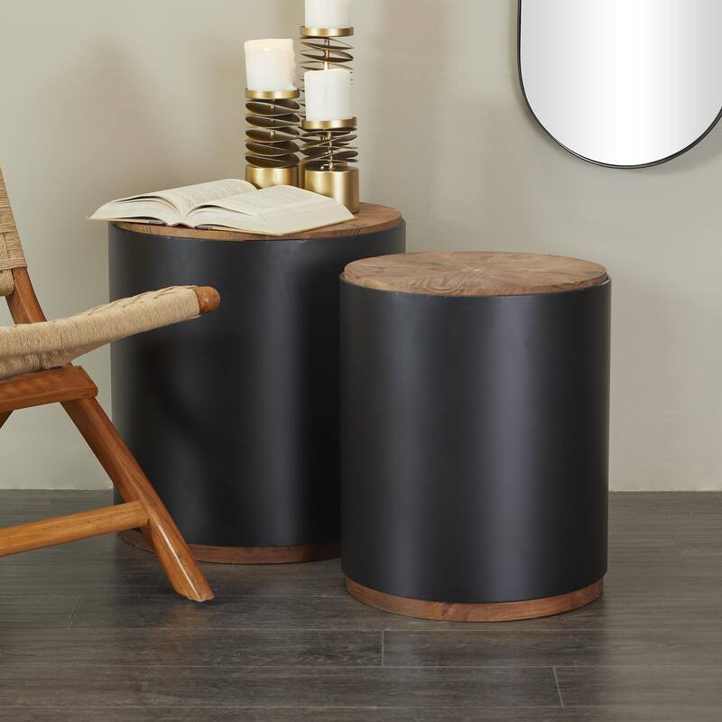 Metal Side End Accent Table with Brown Wood Top - Set of 2 Black - Roche River Decor