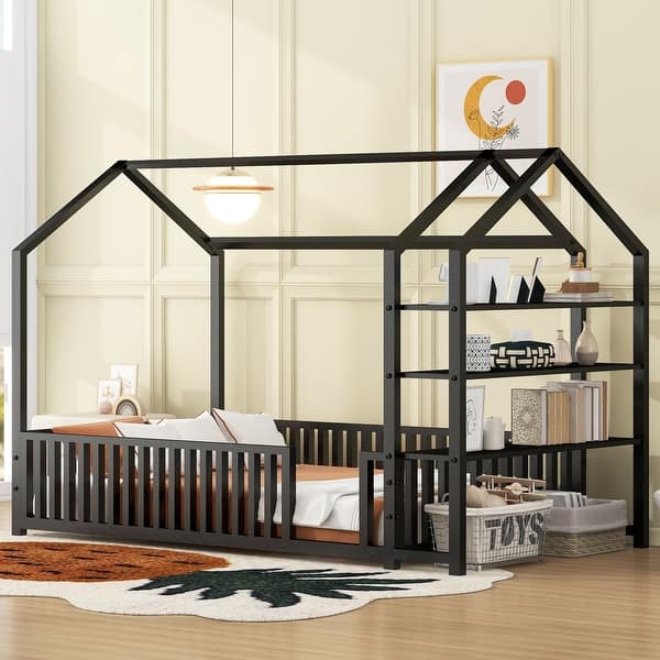 slide 2 of 15, MERAX Metal House Bed with Fence and Detachable Storage Shelves Twin