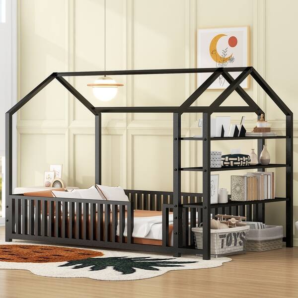 slide 2 of 12, Twin Size House shape Platform Bed with 3-Removable Storage Shelves, Metal Kids Bed Frame with Fence-shaped Guardrail, Black Black
