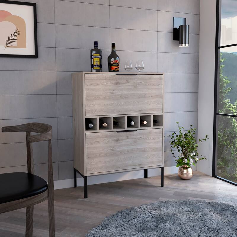 TUHOME Lyrata 43-inch Tall Bar Cabinet with 6 Wine Cubbies, Rack, and Double Door
