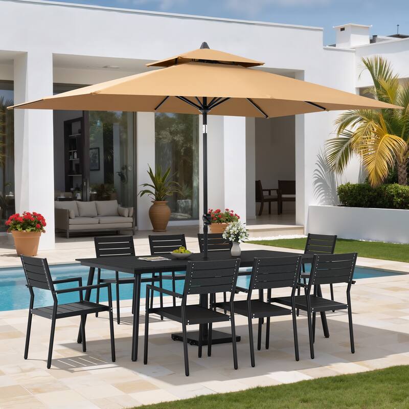 11PC Outdoor Patio Dining Set Wood-Like Aluminum Table with Stackable Armchairs,Double Top Market Umbrella and Wheel Base - BlackTable&BlackChairs&TanUmbrella