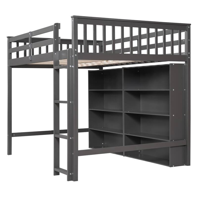 Loft Bed with All-in-One 8 Open Storage Shelf and 4 Step Ladder, Wood Loft Bed Slat Support for Kids Teens