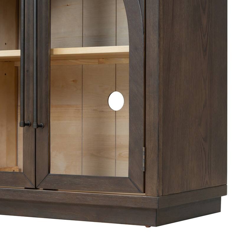 Retro Style Wood Buffet Sideboard with 4 Arched Glass Doors, Kitchen Storage Side Cabinet with Adjustable Shelves