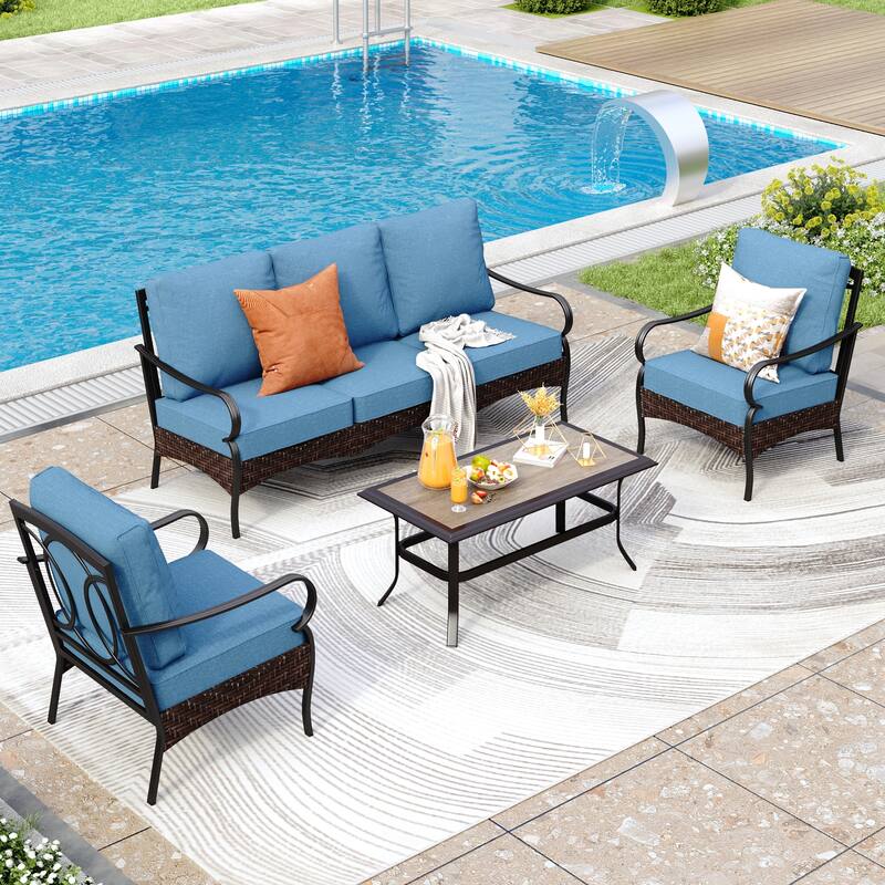 MAISON ARTS 4-Piece Rattan Wicker Patio Furniture Set with Swivel Chairs and Coffee Table for Outdoor Spaces