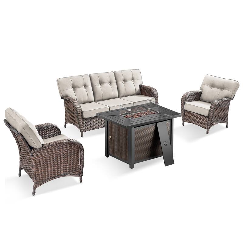 Pocassy Outdoor 43 In Fire Table with Sofa Patio Chair Set