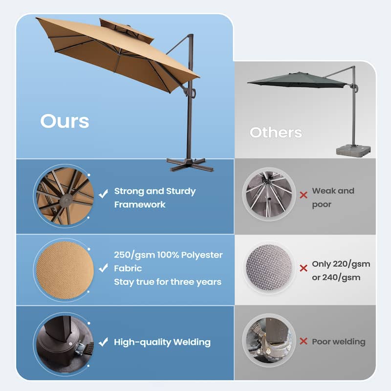 Crestlive Products 11FT Square 360 Degrees Rotation Patio Cantilever Offset Double Top Umbrella
