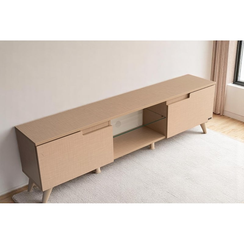 Dannie Modern TV Stand with 2 Doors Storage Cabinets 1 Glass Shelf, Wood Finish, Living Room Entertainment Center