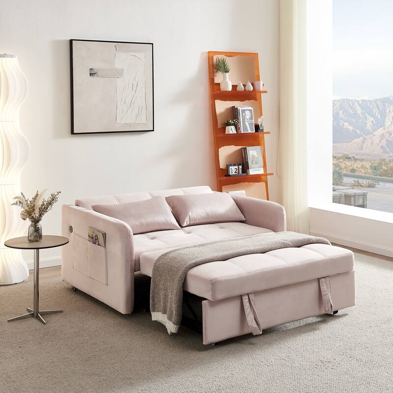 3 in 1 Sleeper Sofa Couch Bed, Pull Out Loveseat with StorageTwins Velvet Convertible Sofa Couch with 2 Pockets & USB Ports