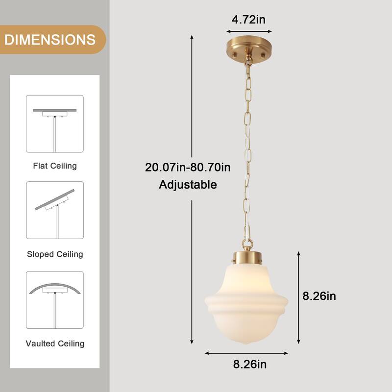 1- Light 8.26'' Wide Dimmable White Milk Glass Pendant