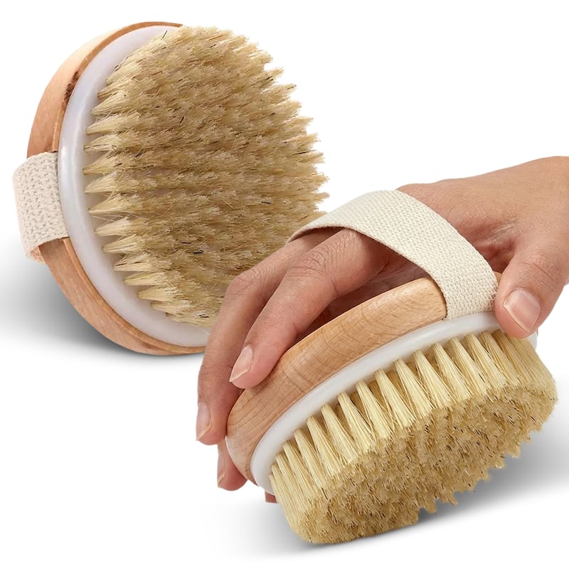 Cheer Collection Set of 2 Natural Bristle Body Brushes Round and Oval with Hand Strap for Wet or Dry Use - Round