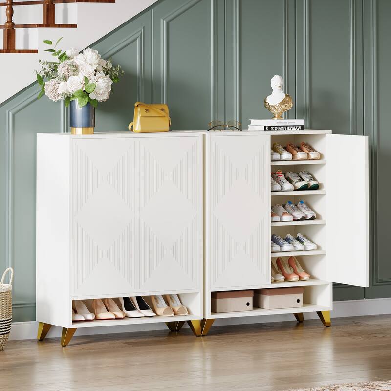 24 Pairs Large Wood Shoe Storage Cabinet with Doors for Entryway - 6-Tier