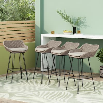 Kevin Outdoor Wicker and Iron Barstool (Set of 4) by Christopher Knight Home