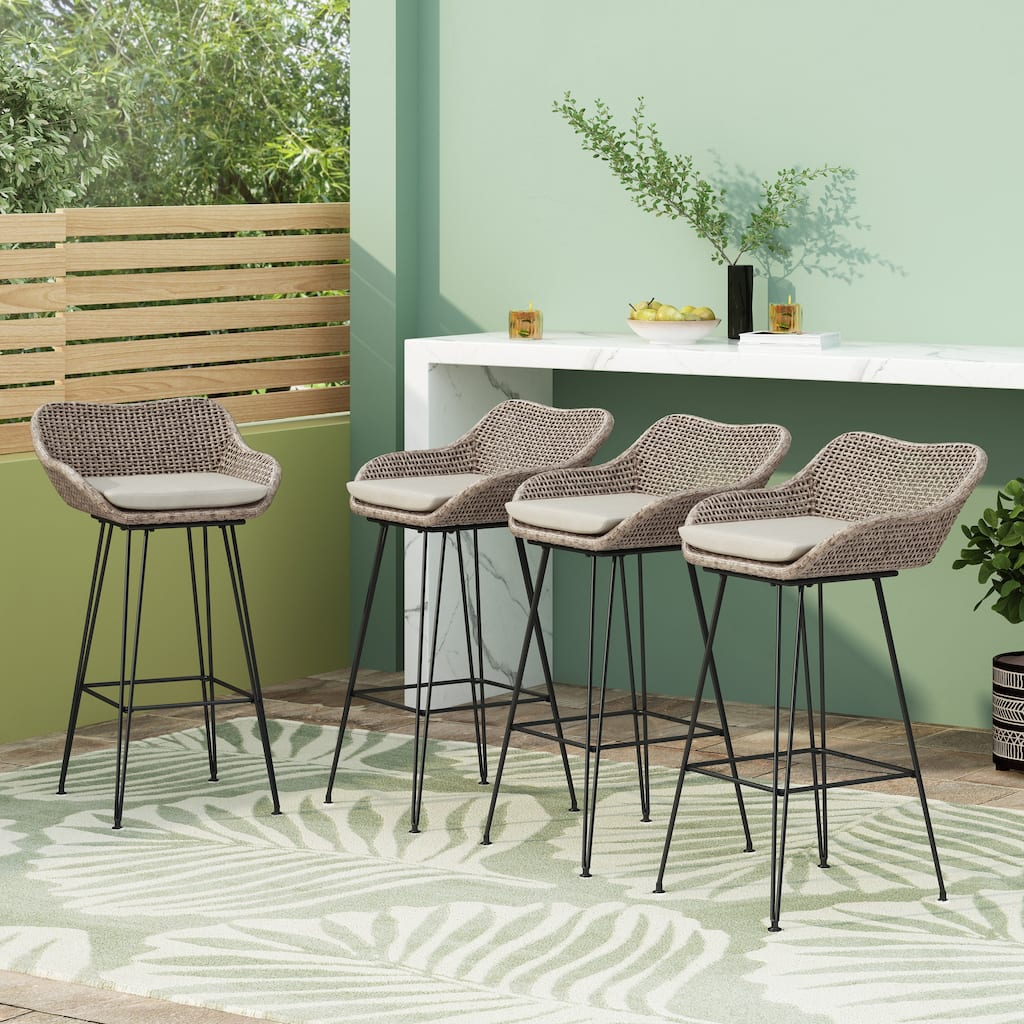 Kevin Outdoor Wicker and Iron Barstool (Set of 4) by Christopher Knight Home