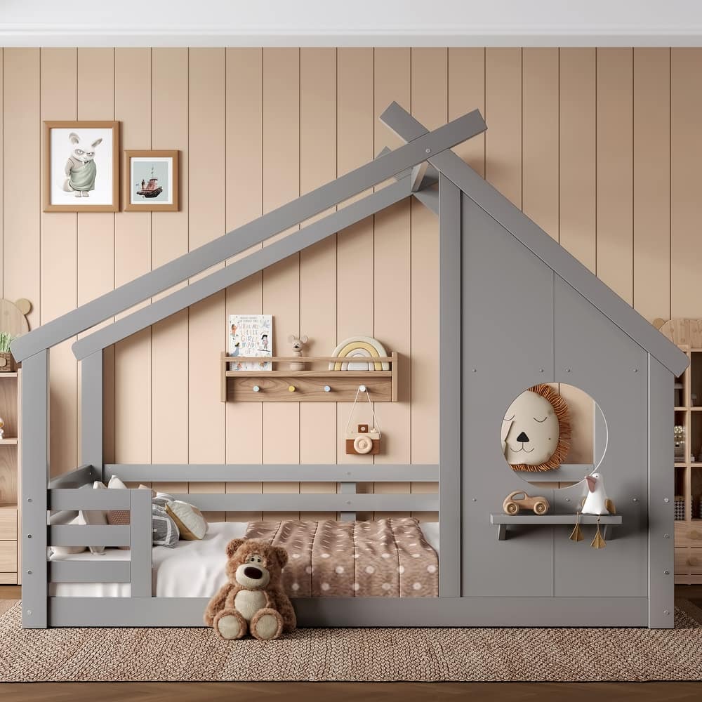 Montessori Kids House-shaped Floor Bed with Window and Shelf