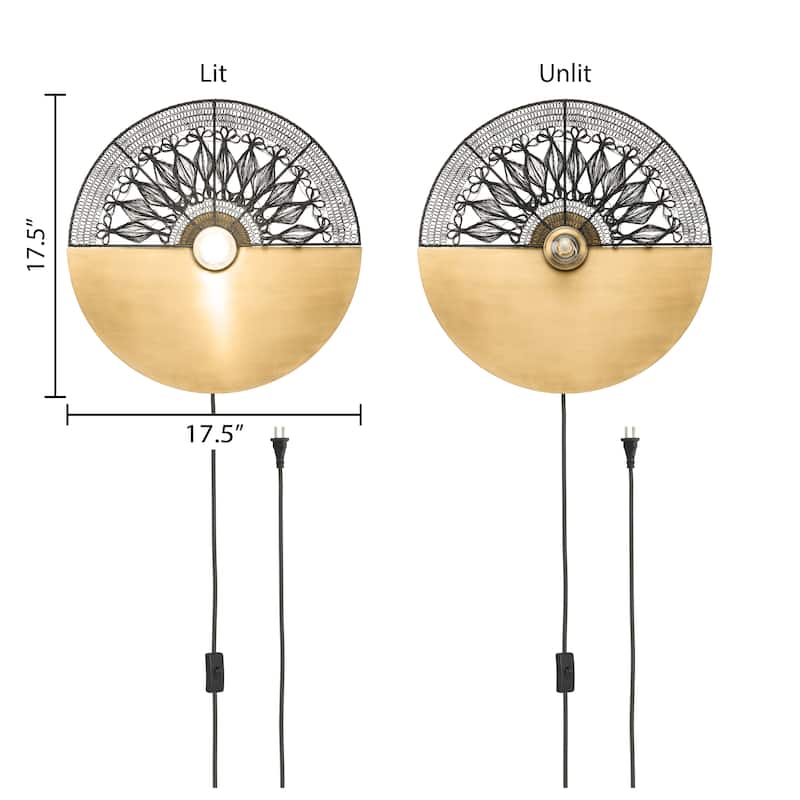 Jayden River of Goods Gold Metal and Black Round Indoor Plug In Wall Sconce - 17.5" x 3.5" x 17.5"