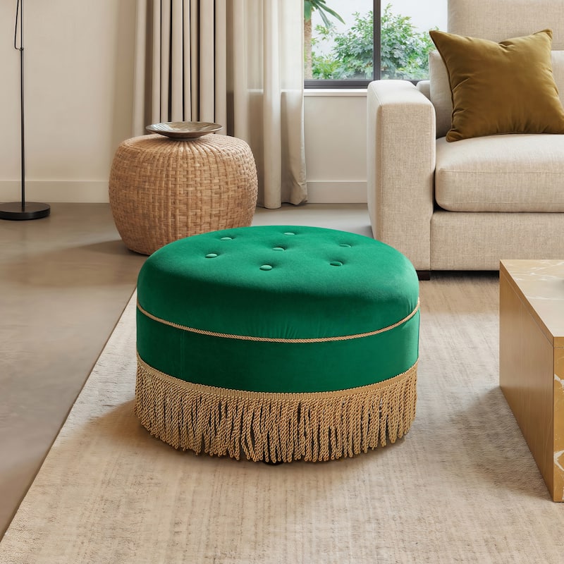 Yolanda 24" Upholstered Round Accent Ottoman - Ultramarine Green Velvet