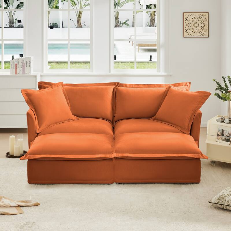 Slipcovered Chenille 2-Seater Sleeper Sofa with 2 Ottomans