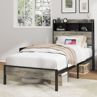 Wood Platform Bed with Storage and 2 USB,No Noise