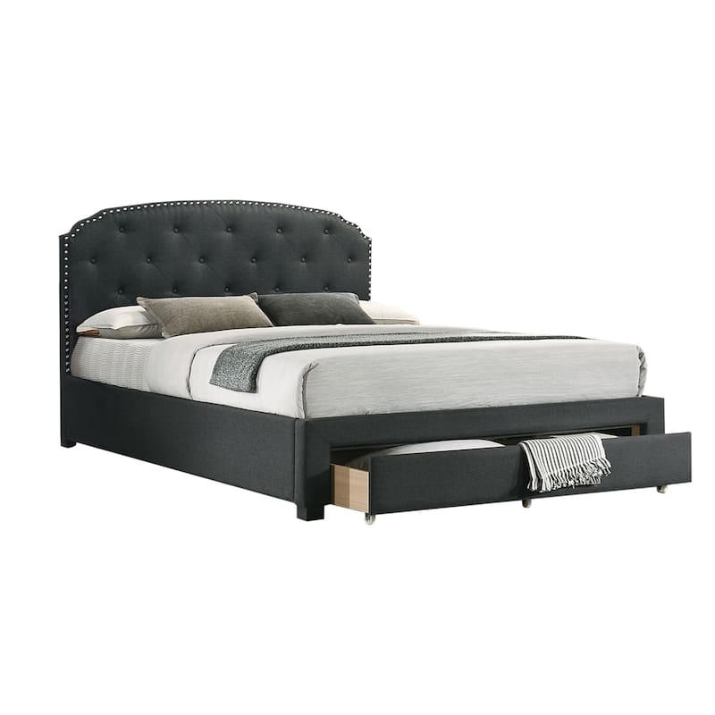 Burlap Upholstered Eastern King Bed with 1 Underbed Drawer in Charcoal - King - Charcoal
