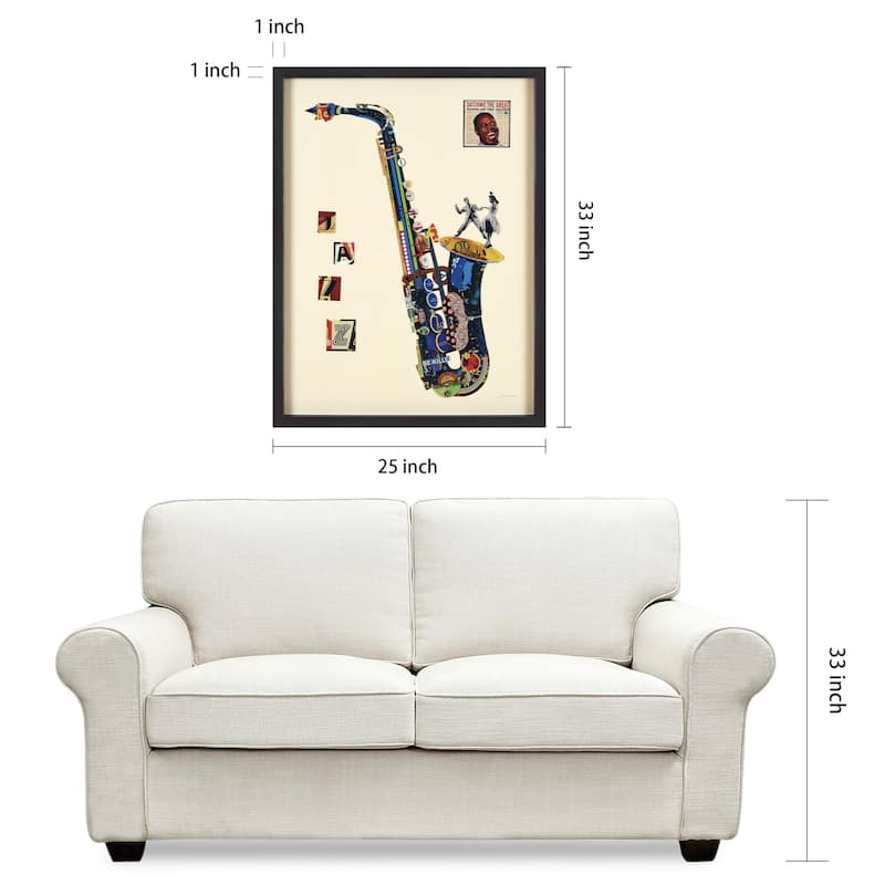 "Saxphone" Dimensional Collage Framed Graphic Art Under Glass Wall Art
