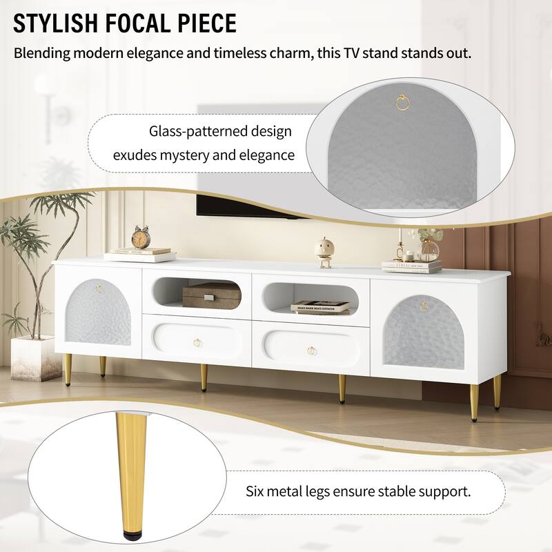 78.8" Modern Glass-Accent TV Stand - 4 Drawers and 2 Glass Cabinets, 6 Metal Legs and Cable Management