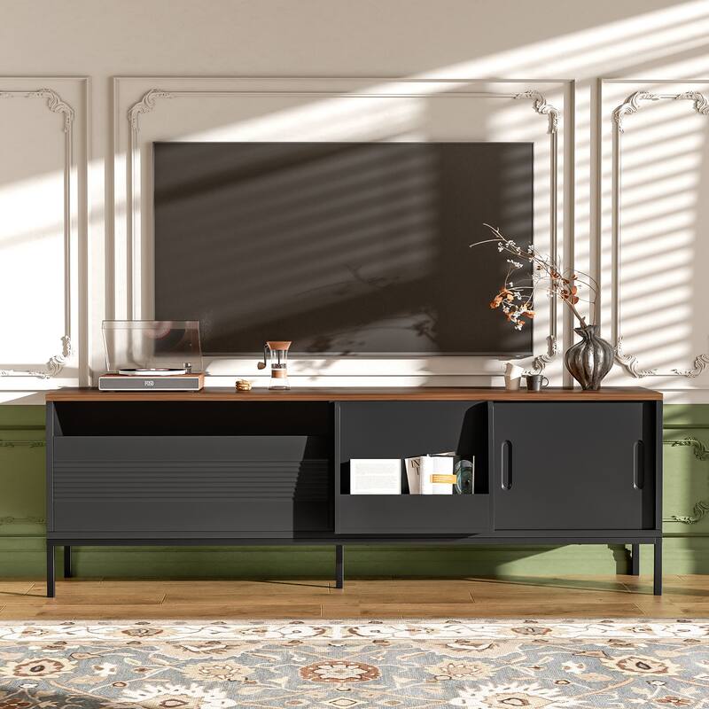 Farmhouse TV Stand for TVs up to 75 Inches, Sliding Doors TV Cabinet TV Console Table for Living Room