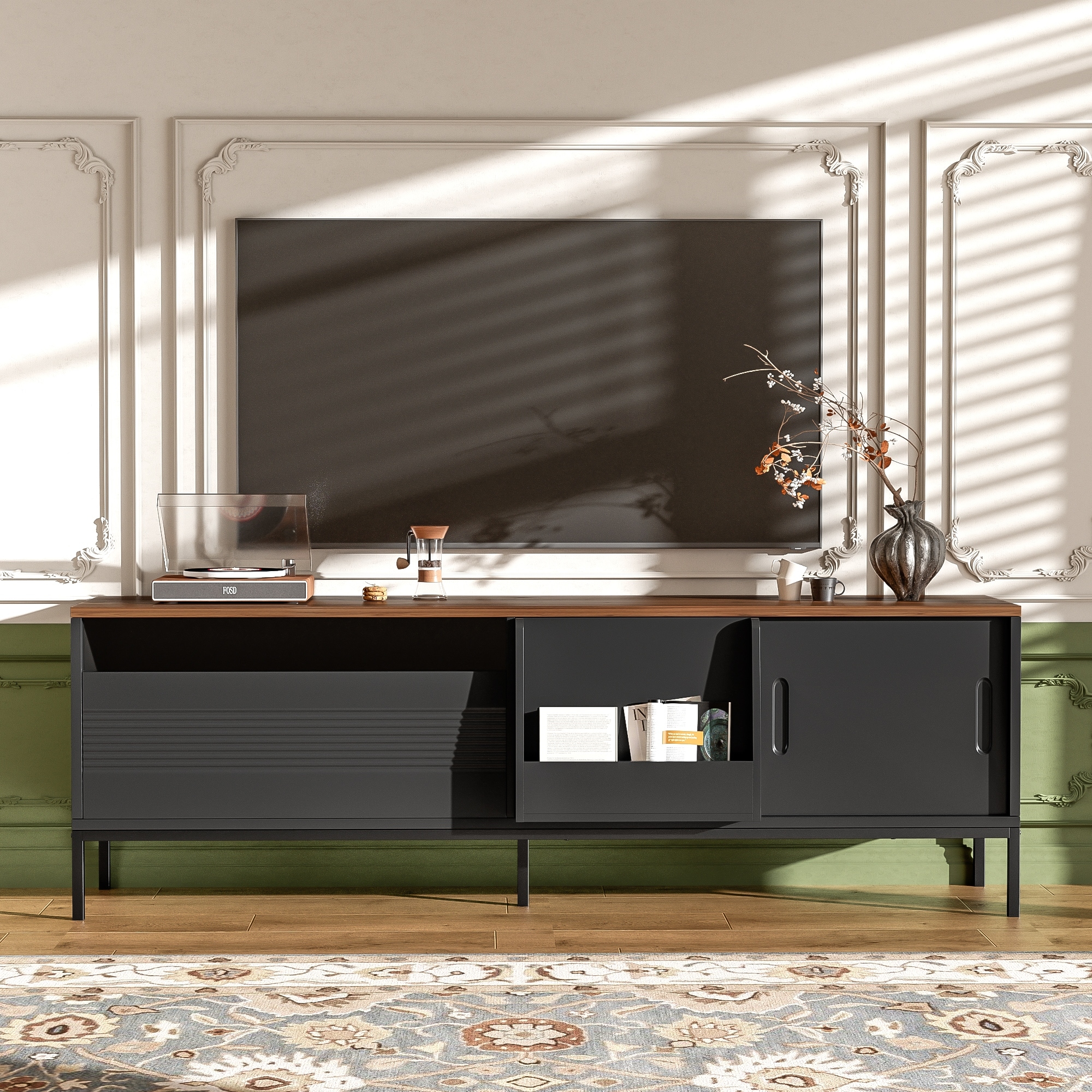 Mid-Century Modern TV Stand (70.8 Inches) - Media Console for 75 Inch TVs with Sliding Doors, Adjustable Shelves & Metal Frame。