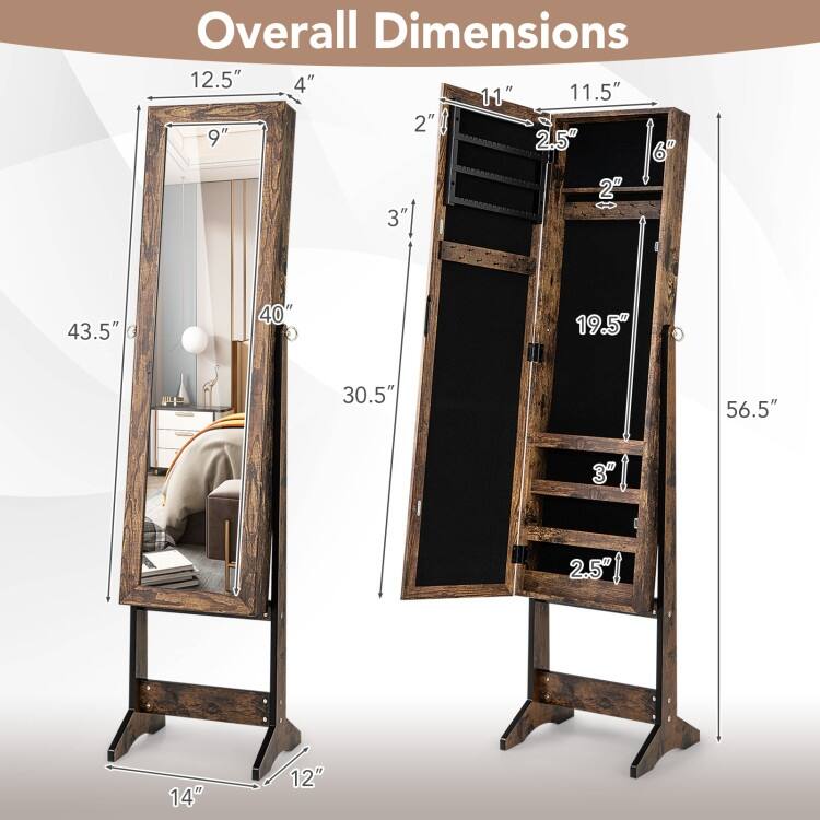 Mirrored Standing Jewelry Cabinet Storage Box - 13" x 14.5" x 56" (L x W x H)