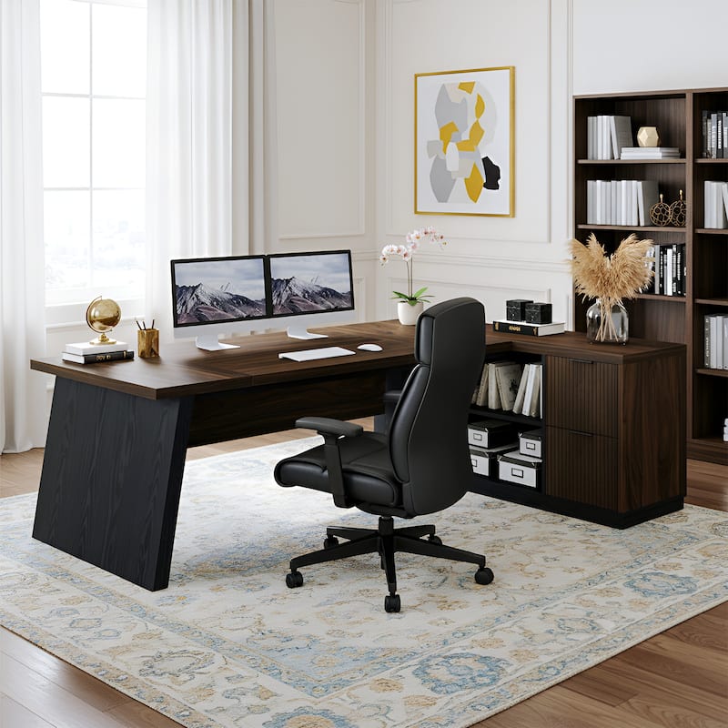 78" L-Shaped Executive Desk with File Cabinet & Shelves, Home Office - Brown