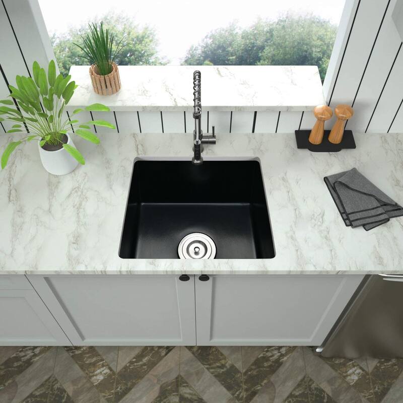 18" x 16" Quartz Single Bowl Undermount Kitchen Sink With Basket Strainer - 18 x 16 - 18 x 16 - Black