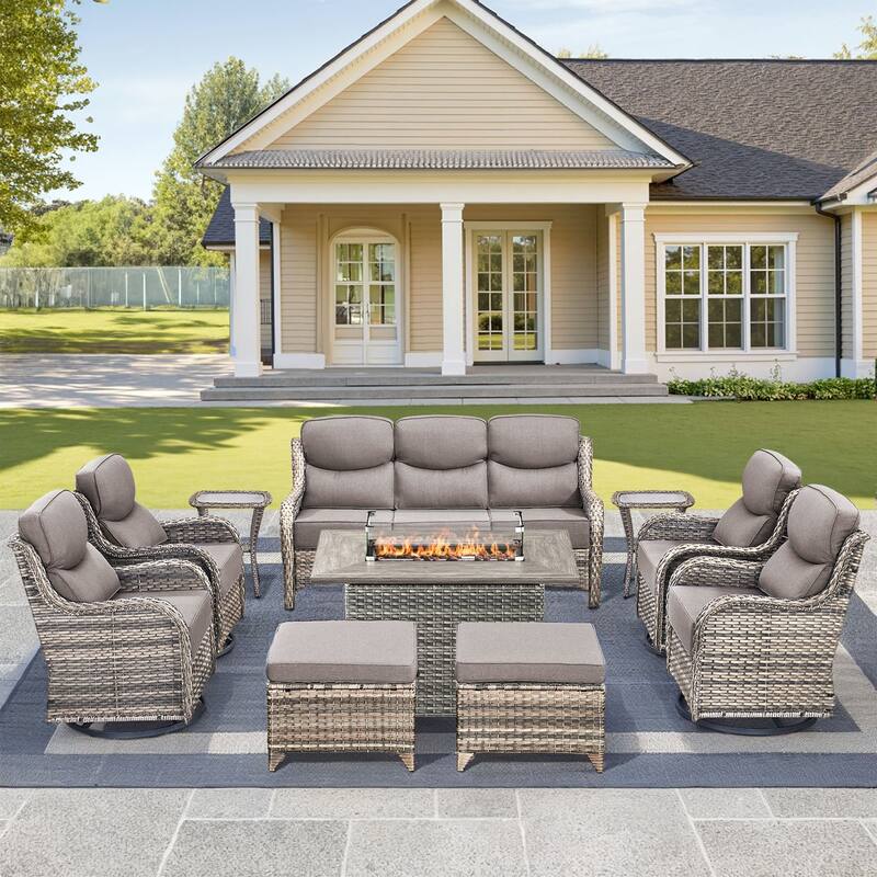 Pocassy 10 Pieces Outdoor 6 Inch Sofa Swivel Chair Ottoman with Fire Table - Gray cushion - Gray Wicker